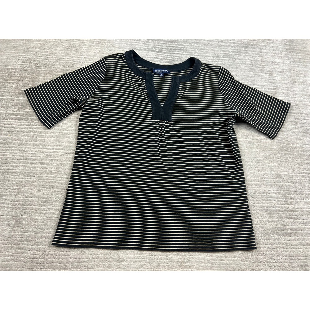Jones New York Top Women 2X‎ Black Signature Woman Striped Split Neck Cotton